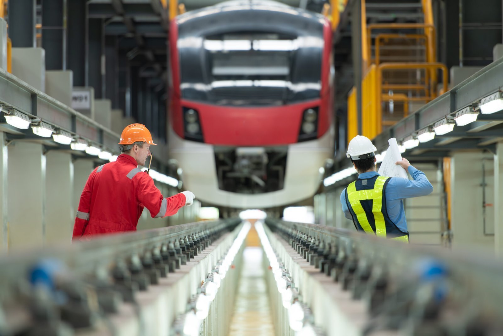 Ingeniero en un taller de mantenimiento de trenes eléctricos