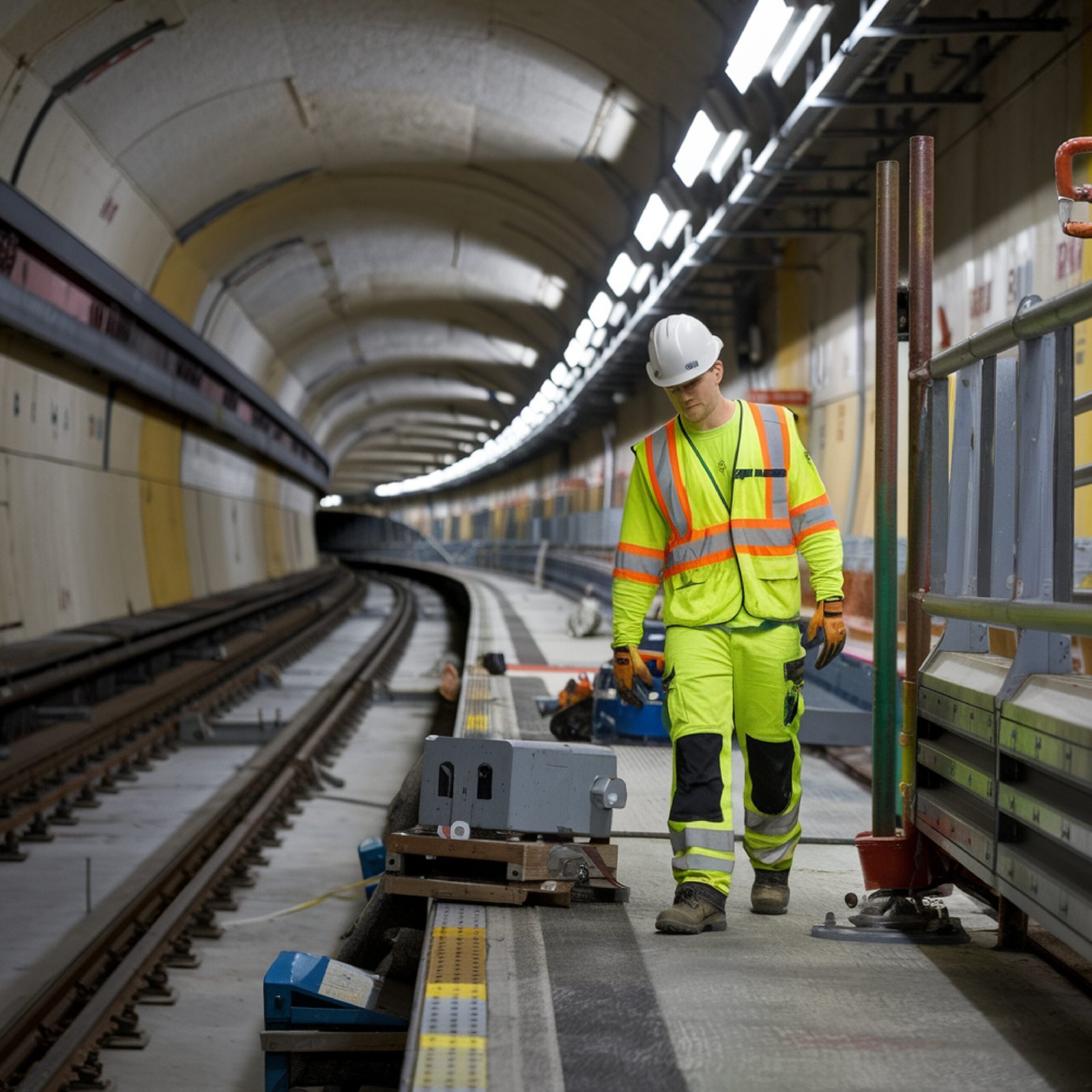 Técnico de mantenimiento trabajando en un túnel ferroviario
